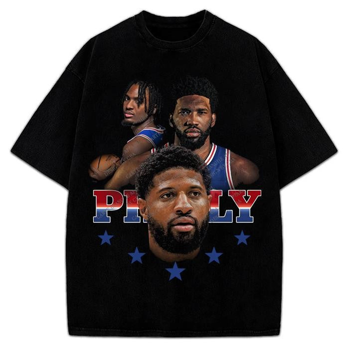 Paul George Joel Embiid Tyrese Maxey Philly Big 3 Philadelphia Graphic T-Shirt Basketball Cotton
