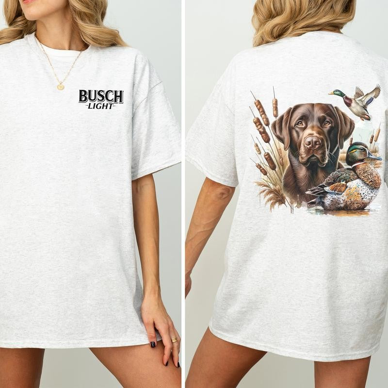 Busch Light Dog and Duck Graphic 2-Sided Shirt, Vintage Mallard Hunting Tshirt, Outdoors Dog Hunting Duck T-shirt, Cotton Fabric Casual Womenswear
