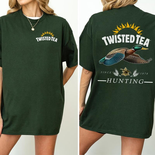 Vintage Twisted Tea Hunting Duck Shirt 2-Sided, Marllard Hunt Tshirt, Summer Hunting Graphic Printed Tee, Retro Drinking T-shirt, Drink Tee, Soft Cotton Fabric T-shirt, Women's Top, Casual Womenswear
