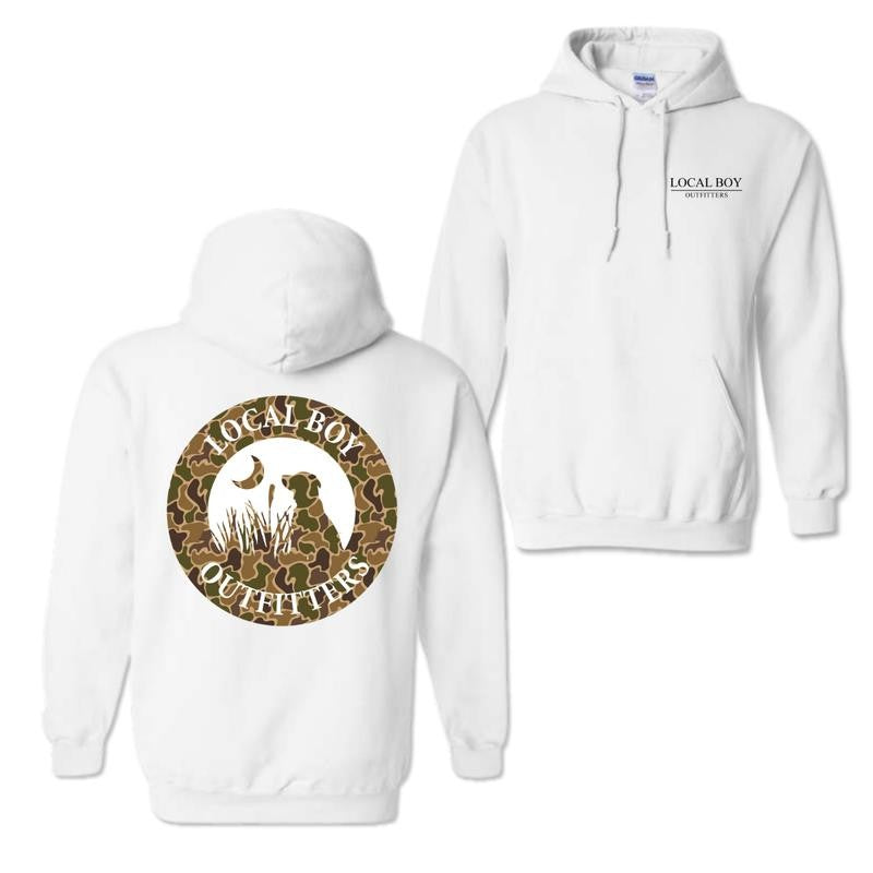 Local Boy Outfitters Hoodie - Classic Camouflage Dog Design Featuring Moon Graphics, Perfect for Outdoor Enthusiasts and Dog Lovers, For Men For Women