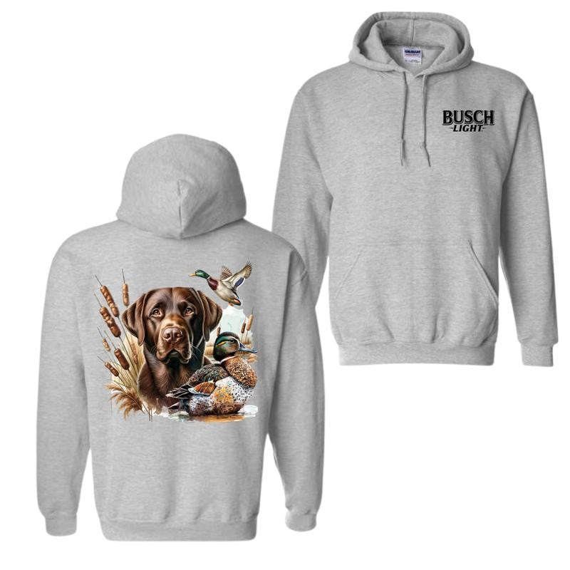 Busch Light Dog Friend Graphic 2 Sided Hoodie, Vintage Mallard Hunting Hoodie, Waterfowl Graphic Unisex Hoodie For Man For Women