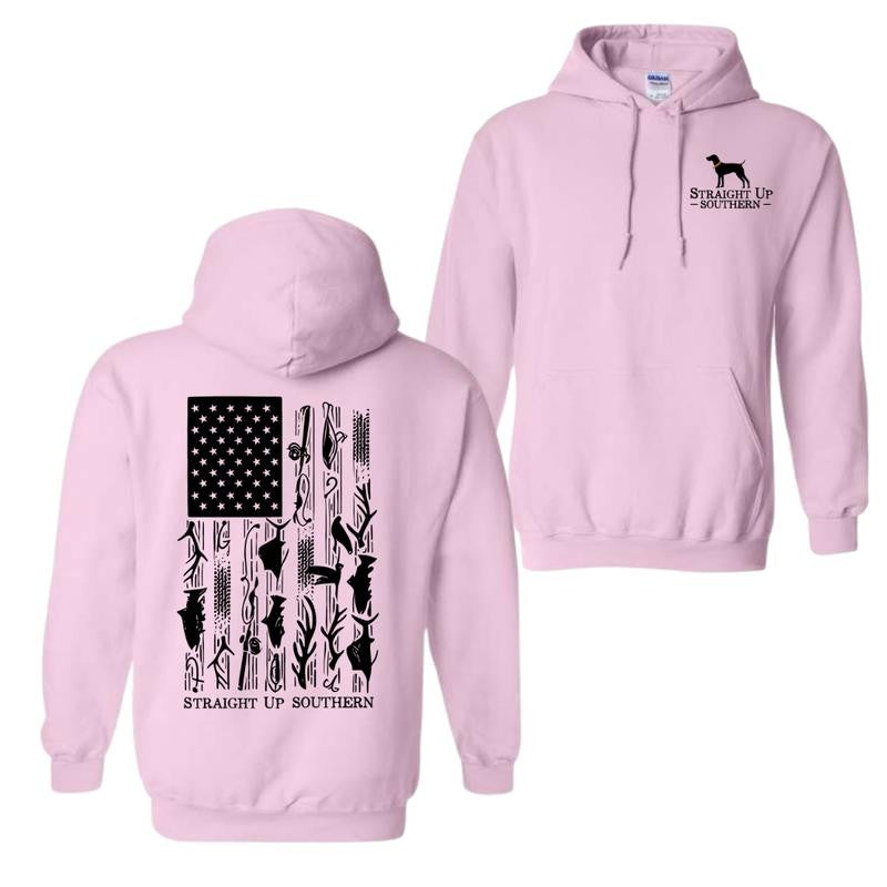 Straight Up Southern Hoodie, American Flag with Hunting and Fishing Icons Hoodie, Unisex Hoodie