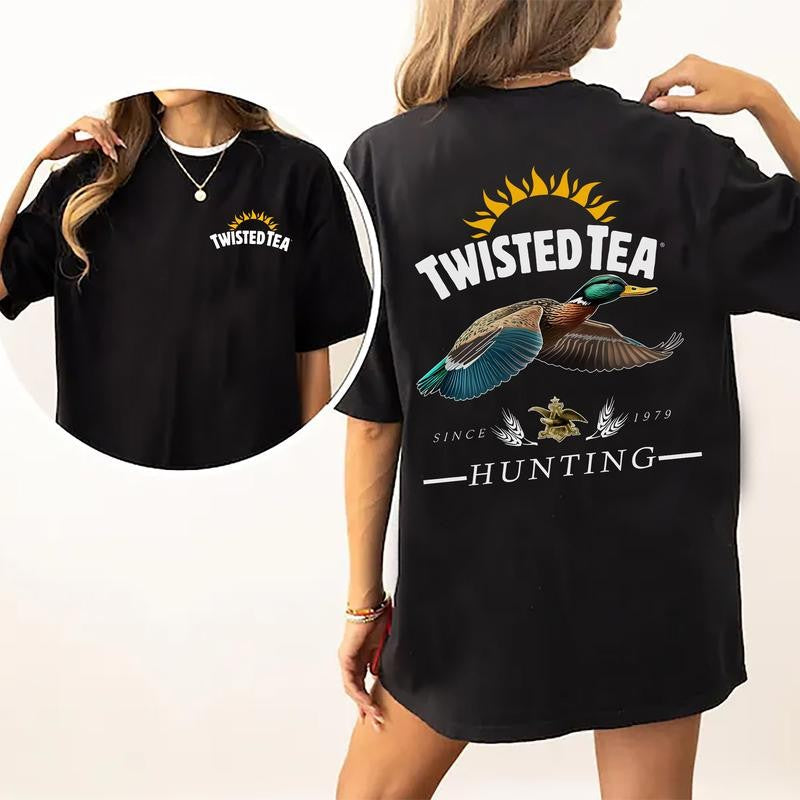 Vintage Twisted Tea Hunting Duck Shirt 2-Sided, Marllard Hunt Tshirt, Summer Hunting Graphic Printed Tee, Retro Drinking T-shirt, Drink Tee, Soft Cotton Fabric T-shirt, Women's Top, Casual Womenswear