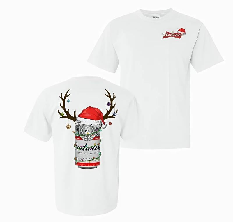 Deer Budweiser Christmas Unisex T-Shirt, Classic Cotton Shirt, Funny Drinking Shirt, Full Colors, For Men, For Women