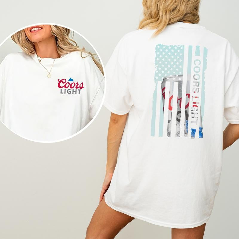 Coors Light American Flag Graphic 2 Sided Shirt, Beer Drinking T-shirt, Soft Cotton Fabric Tshirt, Unisex Drinker Top, Printed Casual Womenswear