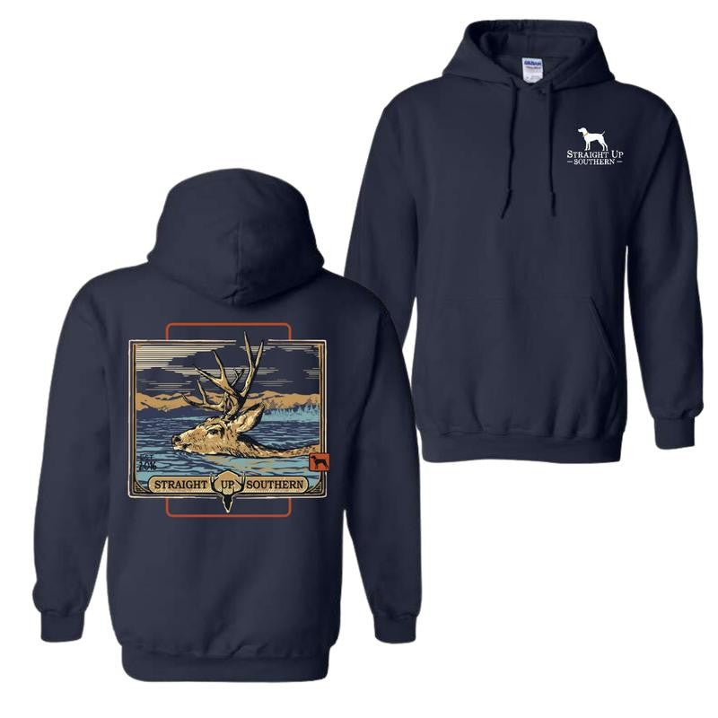 Straight Up Southern Unisex Hoodie - Bold Deer & Mountain Scene Design for Outdoor Enthusiasts and Nature Lovers
