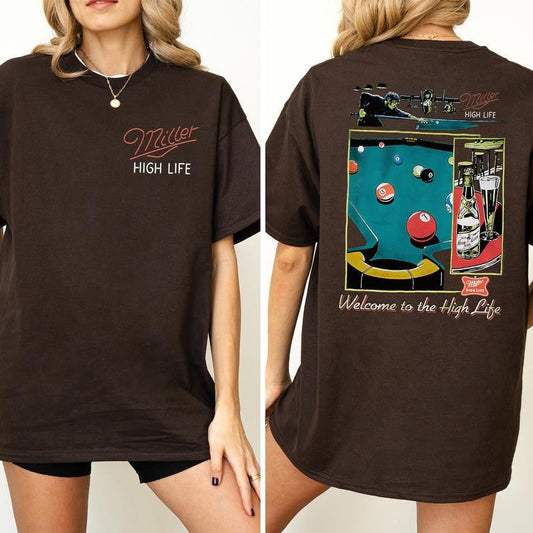 Vintage Miller High Life Sportsmans Club Shirt 2-Sided, Retro Miller High Life Graphic Printed Tee, Billiard Shirt, Cotton T-shirt, Casual Womenswear