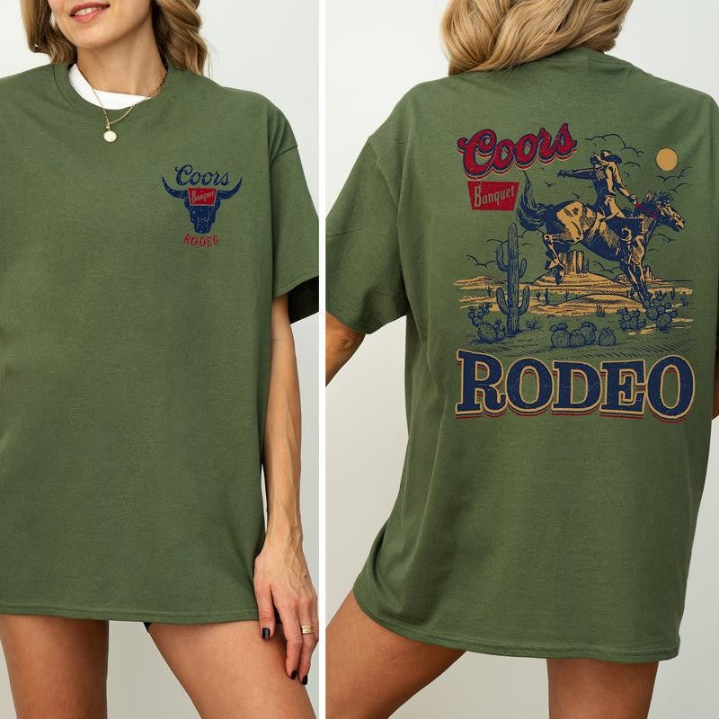 Coors Rodeo Vintage Graphic 2 Sided Shirt, Retro Rodeo T-Shirt, Wild Rodeo Yee Haw Cowboy T-shirt, Cowgirl Comfort Clothing, Cotton Fabric Tshirt, Printed Women's Top, Casual Womenswear, Drink Shirt