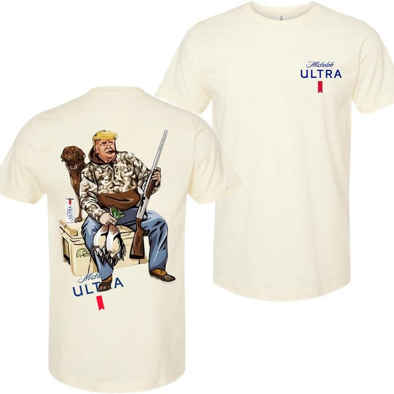 Busch Light, Hunter Trump With Michelob Ultra Beer 2 Siders T-shirt, Trump and Your Hunt Dog, Hunting Season, Perfect For Beer Lovers, Unisex T-Shirt, Cotton, Casual Graphic Trump T-shirt, Unisex T-shirt for Men and For Women