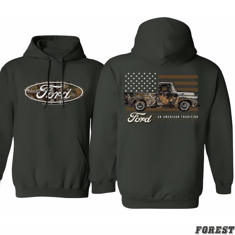 Ford Camo Truck With â€œAn American Tradition Since 1903â€ Hoodie, Wide Color Selection, Shared Wardrobe Options, Classic Cotton, Menswear Unisex, Unisex