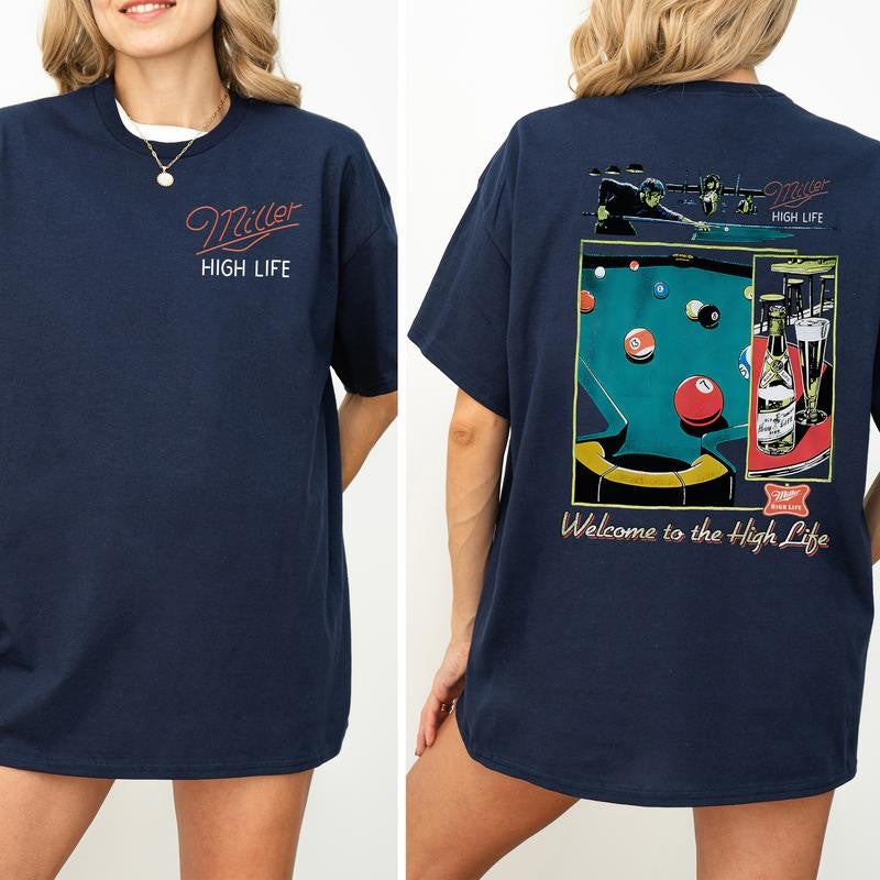 Vintage Miller High Life Sportsmans Club Shirt 2-Sided, Retro Miller High Life Graphic Printed Tee, Billiard Shirt, Cotton T-shirt, Casual Womenswear