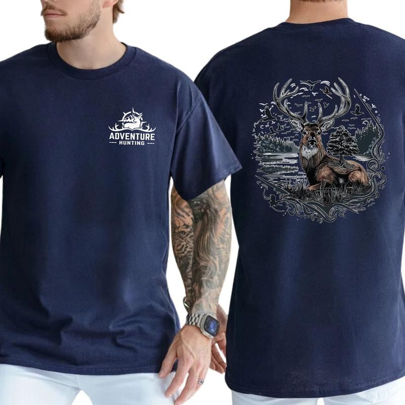 Adventure Hunting T-Shirt - Bold Buck Deer Graphic Tee, Classic Cotton Top, Soft Fabric Shortsleeve Shirt Fashion Fashion