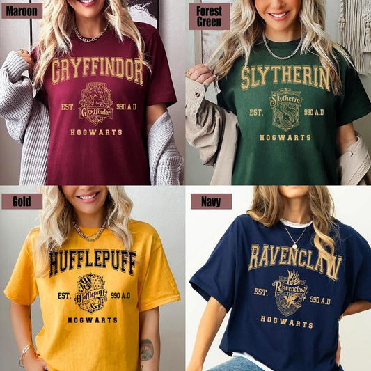 Wizard Houses Vintage T-shirt Hogwarts House Wizard School T-Shirt HOT TREND Casual Cotton