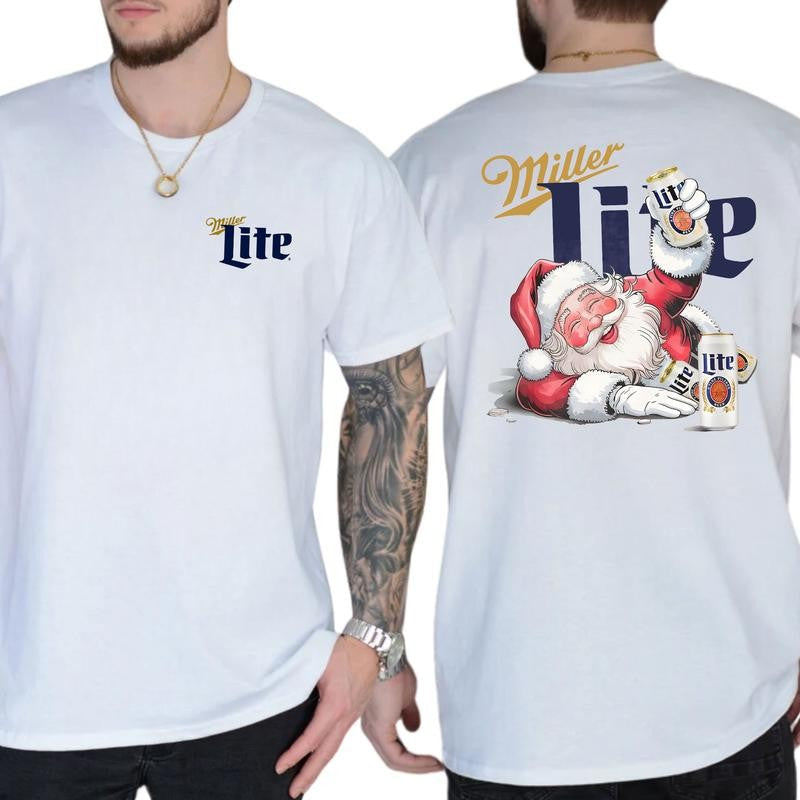 Funny Miler Lite Drunk Santa Claus Christmas Shirt, Soft Fabric Short Sleeve Shirt