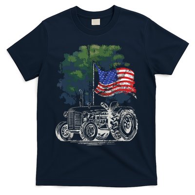 Vintage Farming Tractor American Flag Patriotic Farmer Farm T-Shirt
